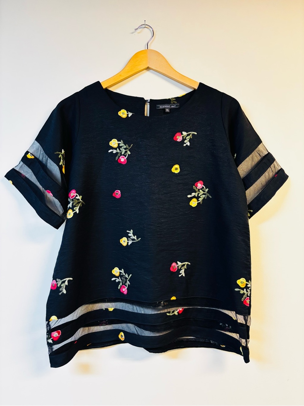 Mango Suit Black Floral Embroidered Mesh Blouse XL